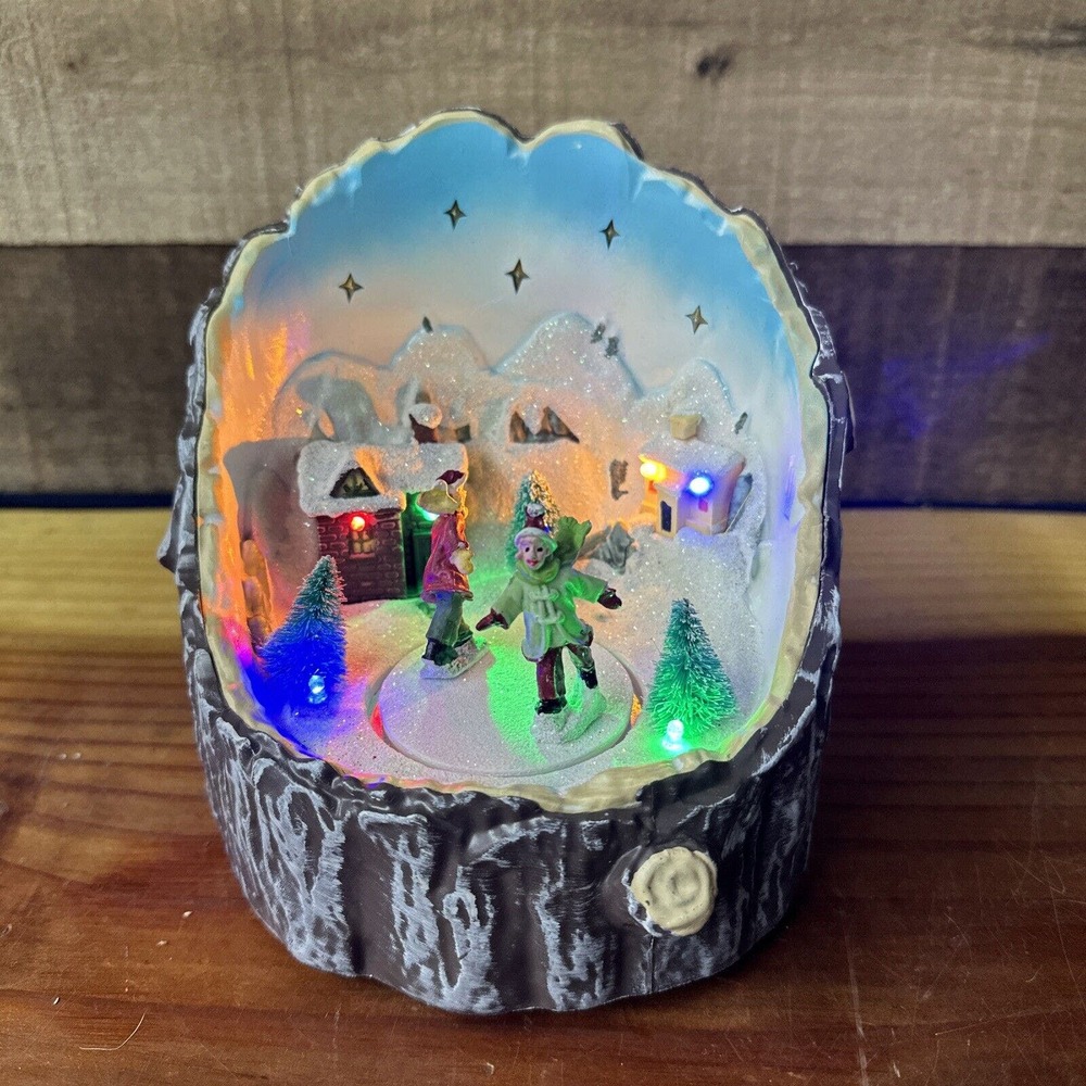 Christmas Holiday 6" Animated Skating Light Up Musical Log Scene Color Changing